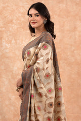 Cream & Grey Ethnic Woven Banarasi Cotton Saree - Chinaya Banaras