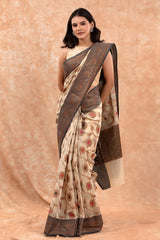 Cotton saree, Banarasi Cotton Saree, cream & grey  Saree, cotton Banarasi saree