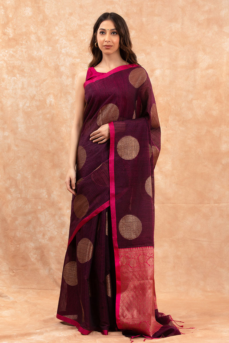 Tyrian purple Woven Banarasi Cotton Saree - Chinaya Banaras