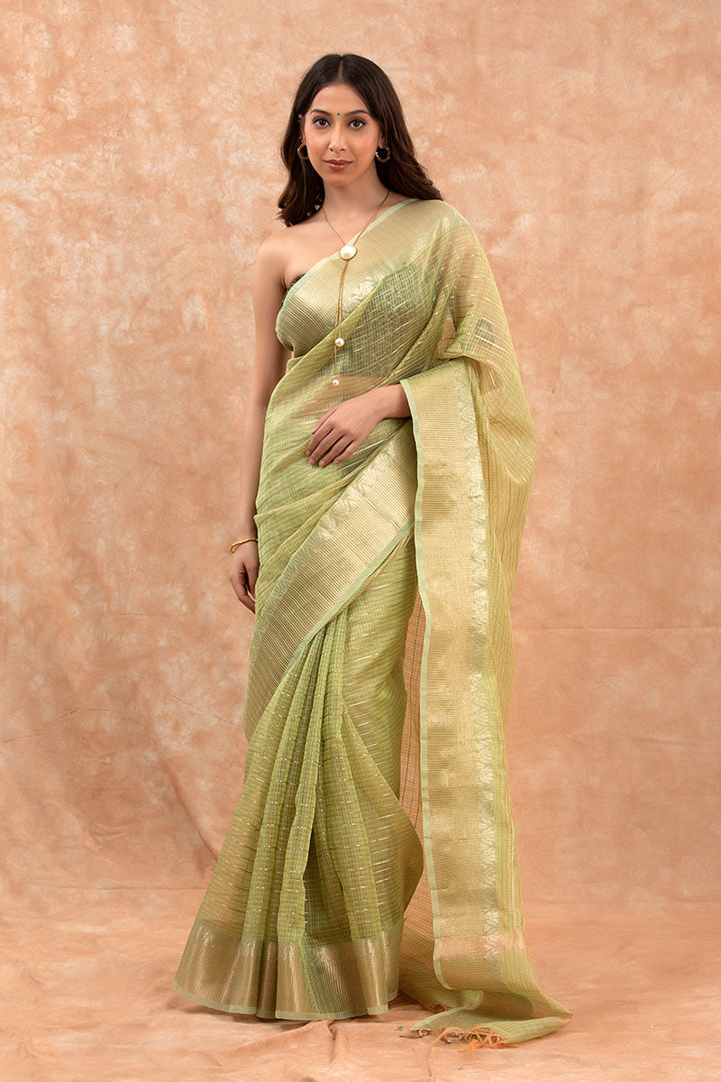 Women In Green Woven Banarasi Cotton Saree At Chinaya Banaras