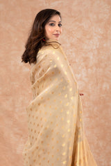 French Beige Ethnic Woven Banarasi Cotton Saree - Chinaya Banaras