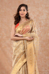 French Beige Ethnic Woven Banarasi Cotton Saree - Chinaya Banaras