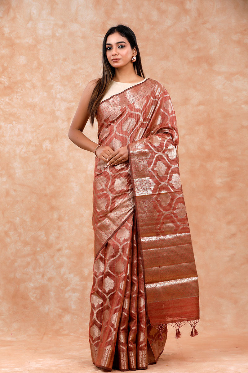 Brown Ethnic Woven Banarasi Cotton Saree By Chinaya Banaras