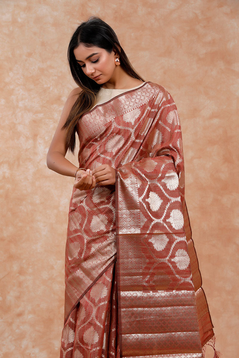 Rust Brown Ethnic Cotton Banarasi Saree