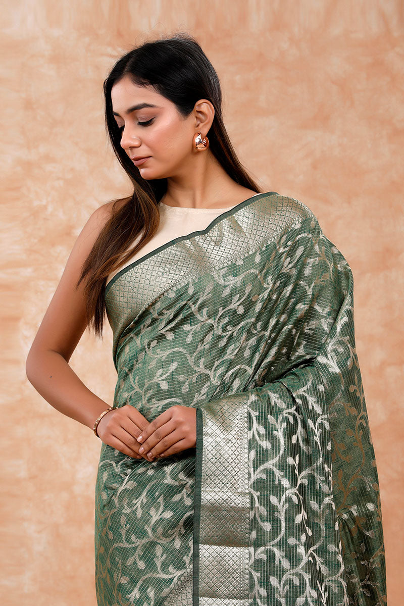 Bottle Green Ethnic Cotton Banarasi Saree