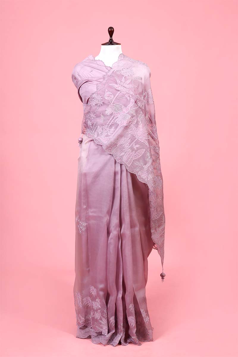 Buy Mauve Embellished Organza Silk Saree Online