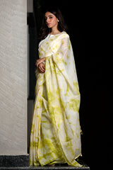 Neon Green Embellished Tie & Dye Kota Doria Saree