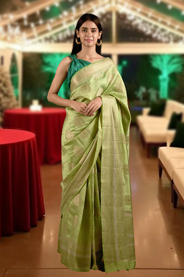 chiniya silk saree, parrot green saree, banarasi saree, festive wear saree, wedding saree