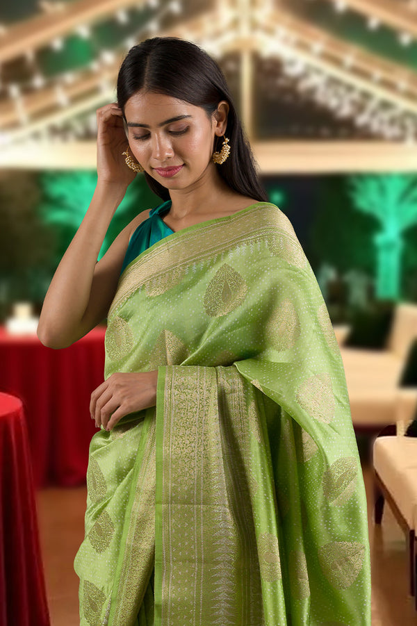 Parrot Green Digital Printed Chiniya Silk Saree