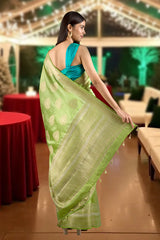 Parrot Green Digital Printed Chiniya Silk Saree