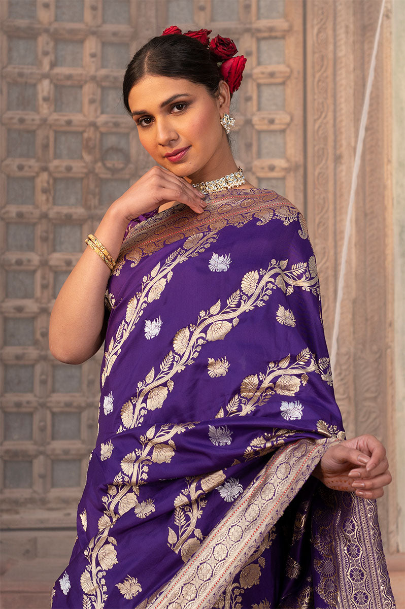 Indigo Purple Handloom Banarasi Silk Saree