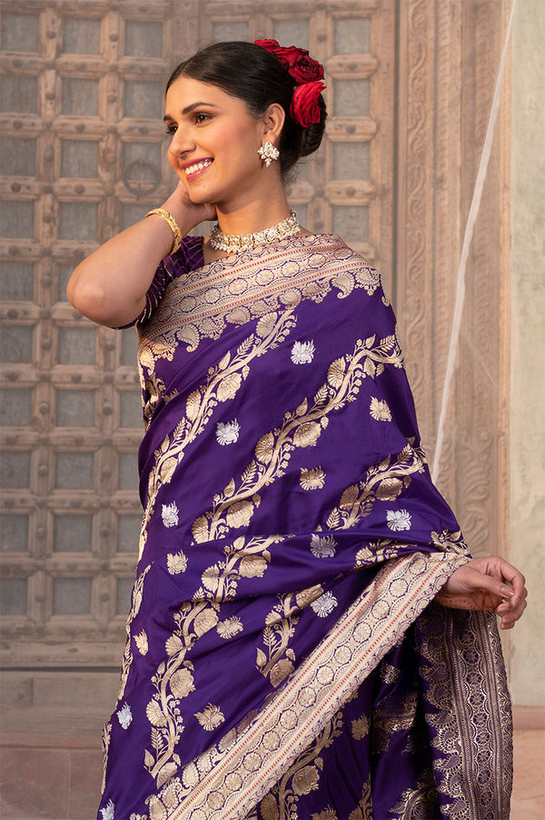 Buy Purple Handloom Banarasi Silk Saree Online
