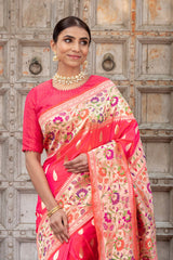 pink saree, pink sari, silk saree, handloom saree, banarasi saree, women saree, paithani saree