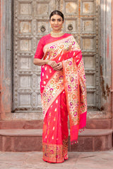 pink saree, pink sari, silk saree, handloom saree, banarasi saree, women saree, paithani saree