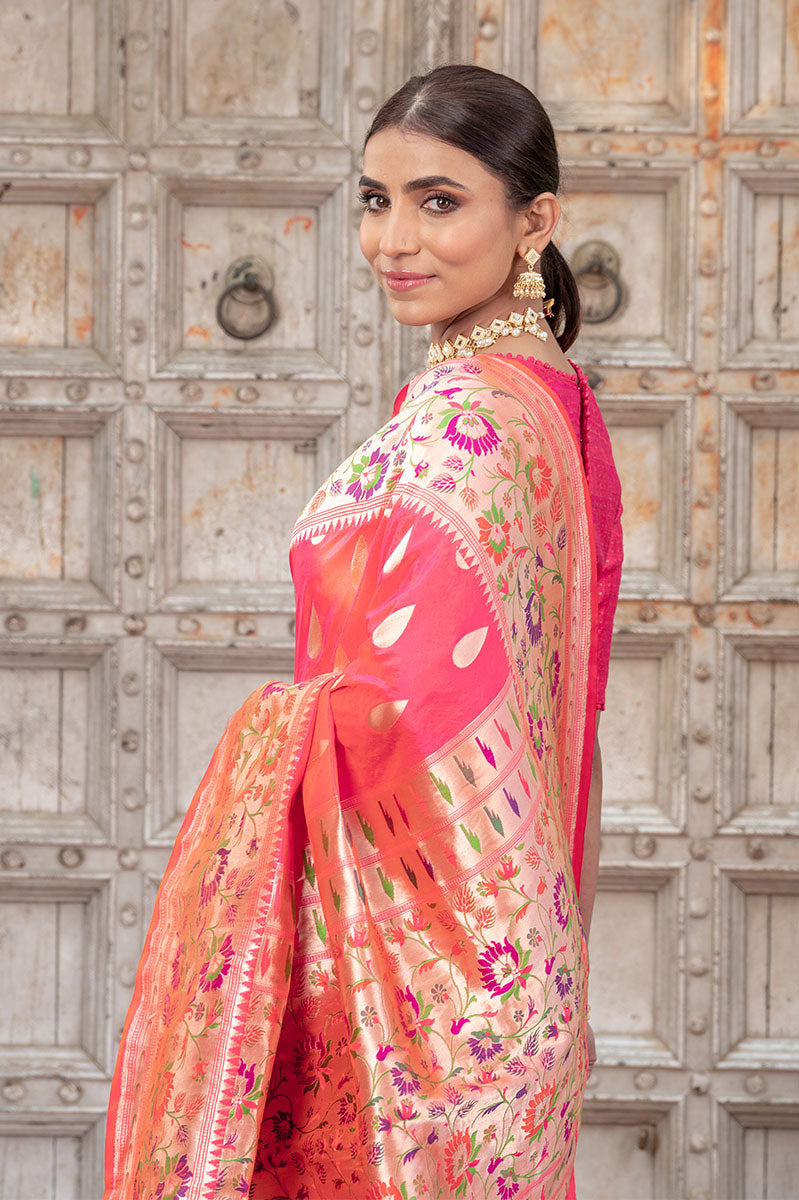 Crimson Pink Handloom Banarasi Saree with Zari Floral Paithani work