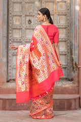 Crimson Pink Handloom Banarasi Saree with Zari Floral Paithani work