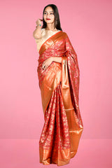 Orange Red Banarasi Cotton Saree By Chinaya Banaras