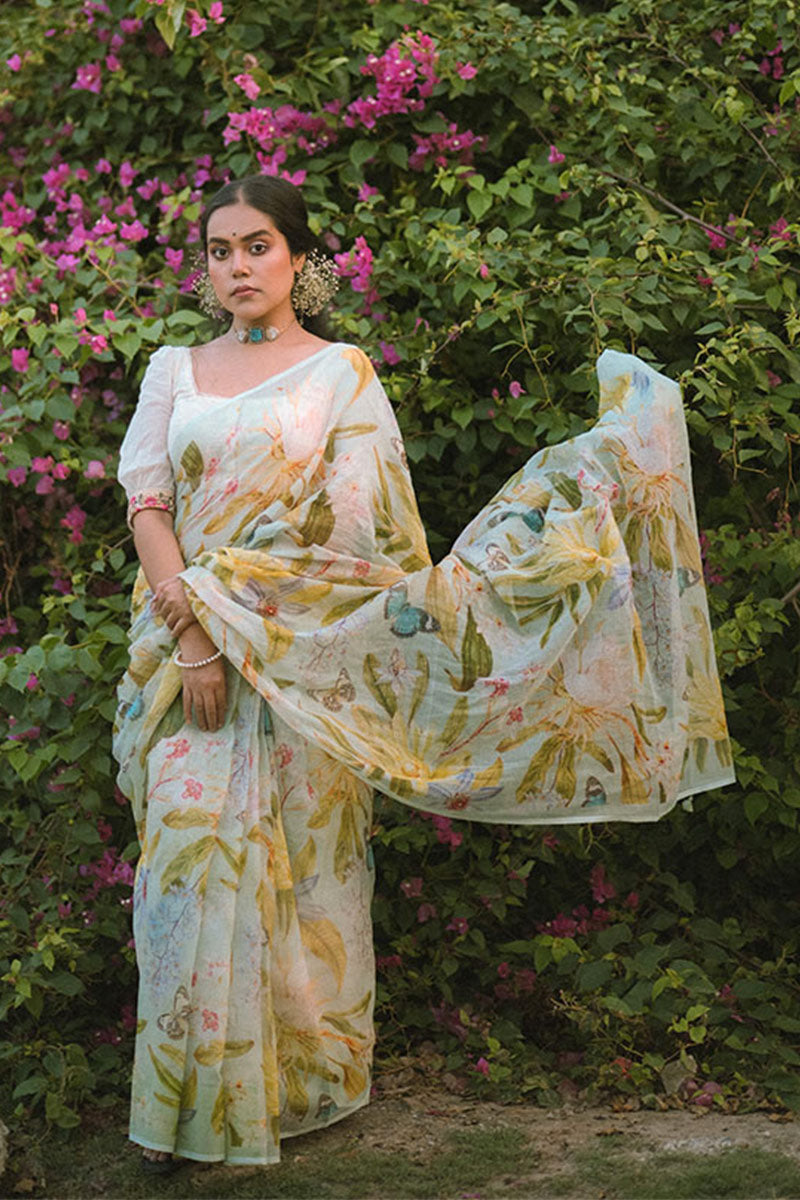 Ishita Debnath in Powder Blue Floral Printed Kota Doria Saree