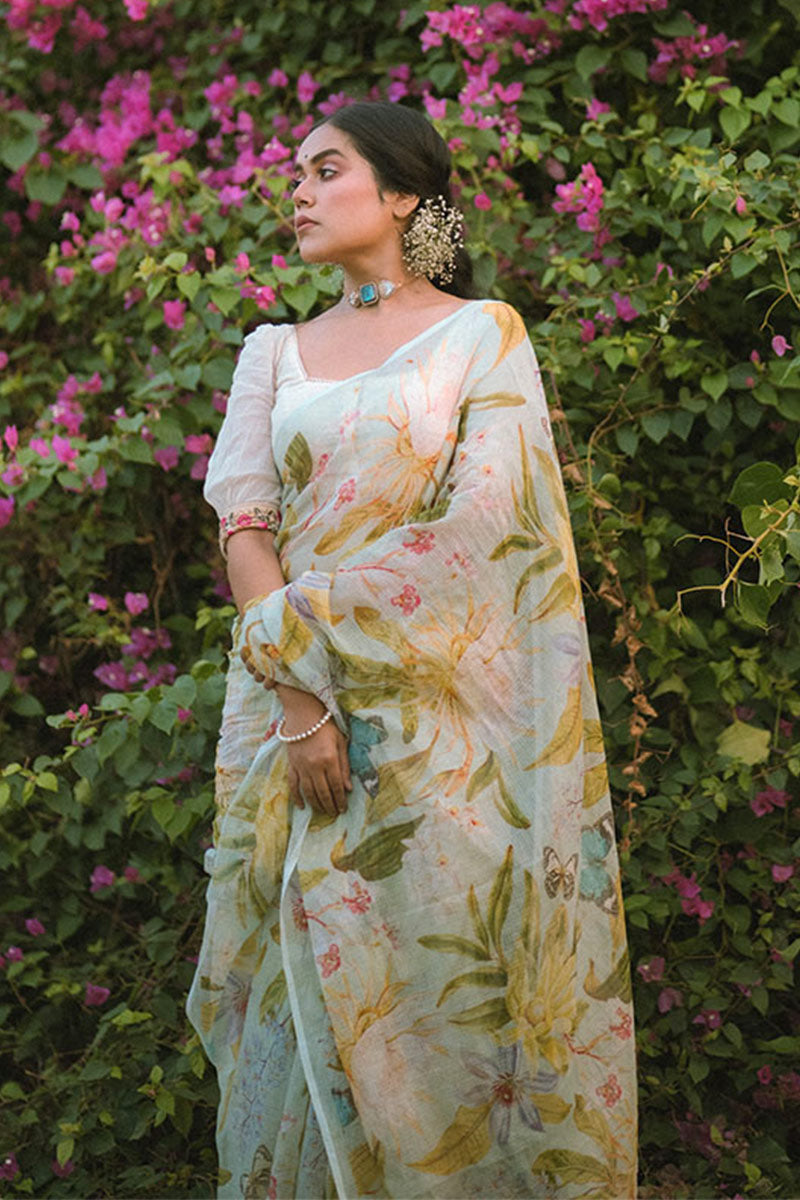 Ishita Debnath in Powder Blue Floral Printed Kota Doria Saree