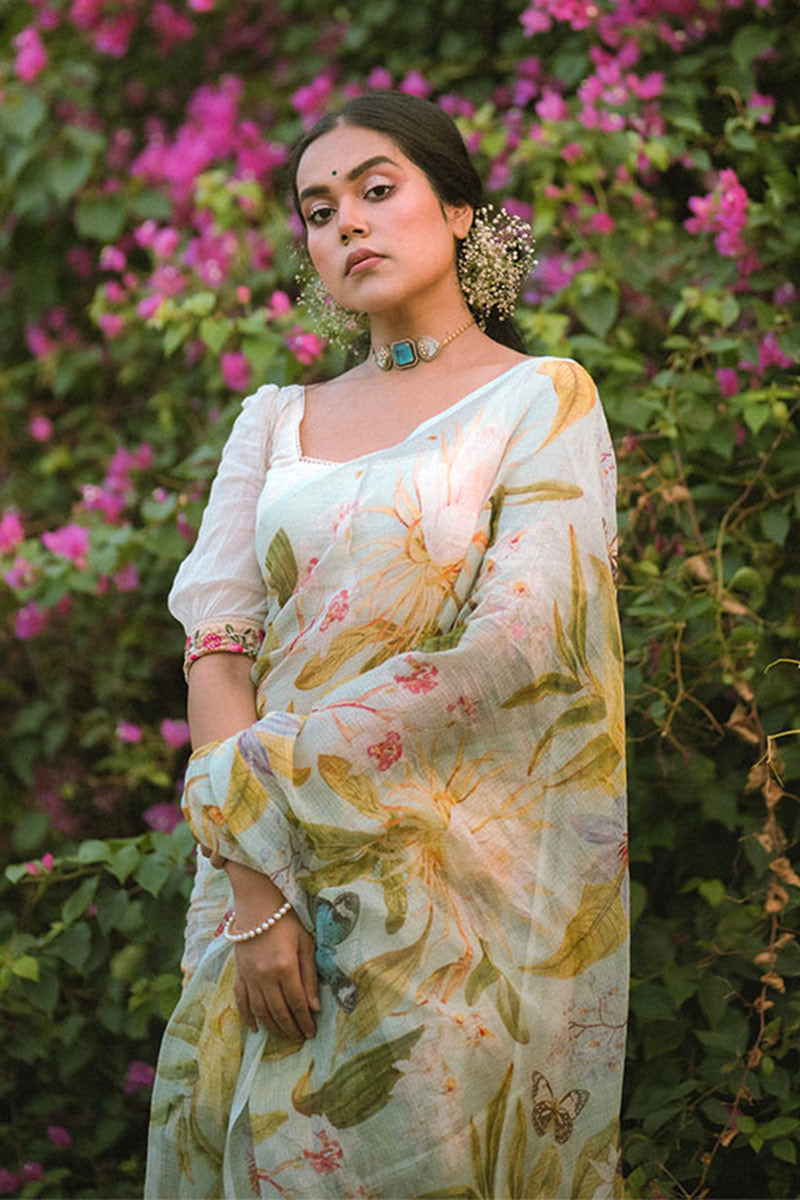 Ishita Debnath in Powder Blue Floral Printed Kota Doria Saree