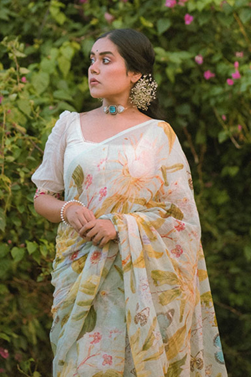 Ishita Debnath in Powder Blue Floral Printed Kota Doria Saree