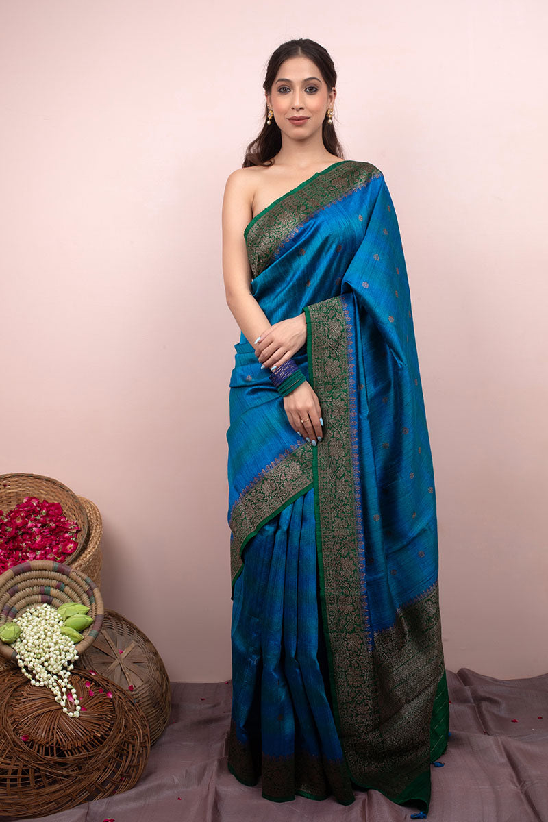Cobalt Blue Rangkat Handwoven Raw Silk Saree – Chinaya Banaras