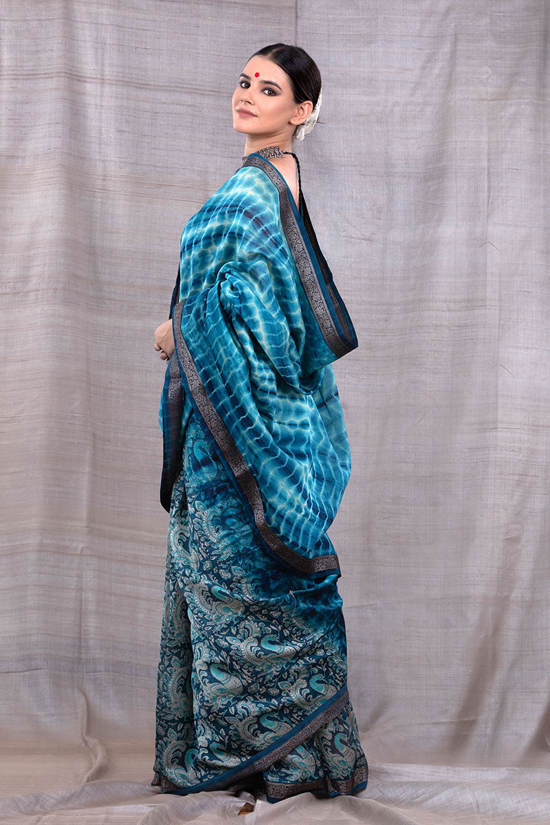 Serene Blue Tie & Dye Chanderi Silk Saree - Chinaya Banaras