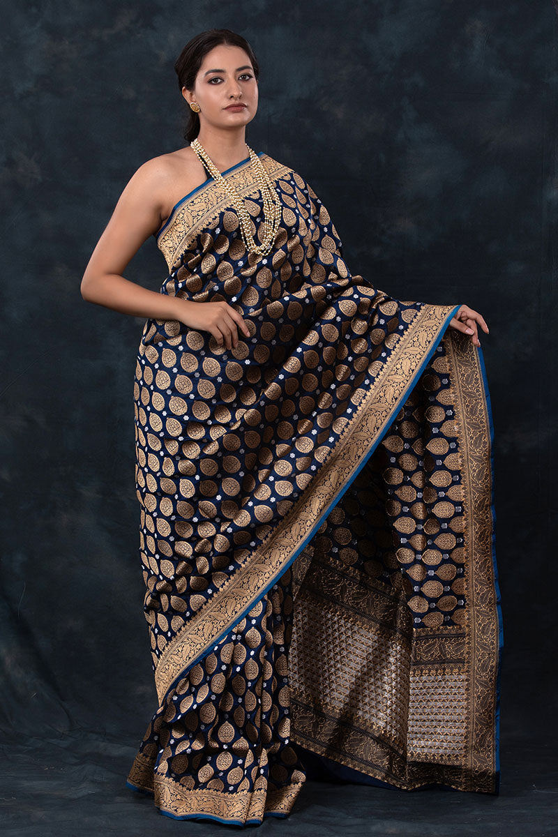 Navy Blue Handwoven Banarasi Silk Saree - Chinaya Banaras