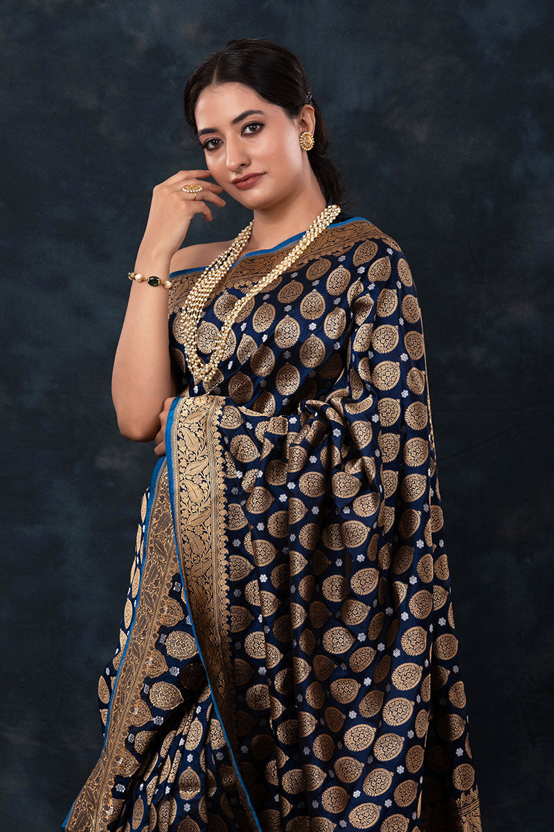 Navy Blue Handwoven Banarasi Silk Saree - Chinaya Banaras