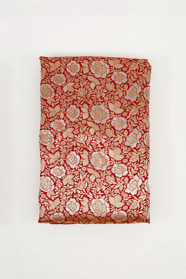Bright Red Floral Woven Banarasi Silk Fabric