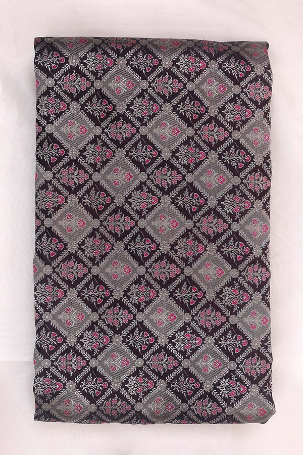 Wine & Grey Checkered Handwoven Satin Silk Fabric - Chinaya Banaras