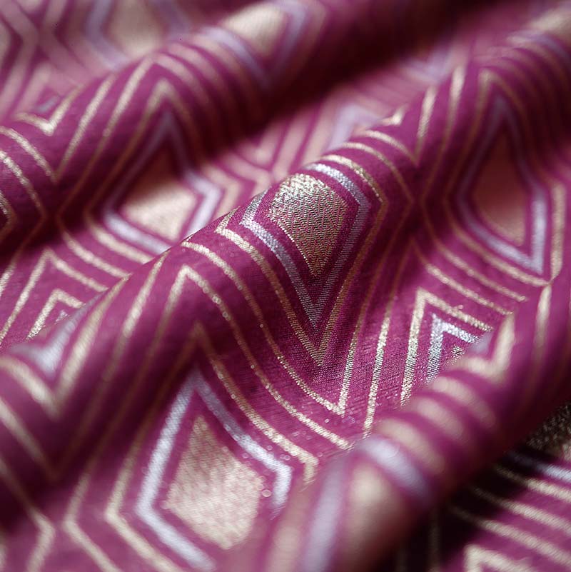 Purple  Geometrical Woven Mulberry Silk Fabric At Chinaya Banaras