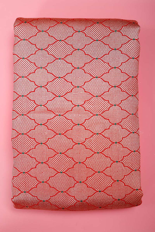 Red Geometrical Woven Banarasi Silk Fabric - Chinaya Banaras