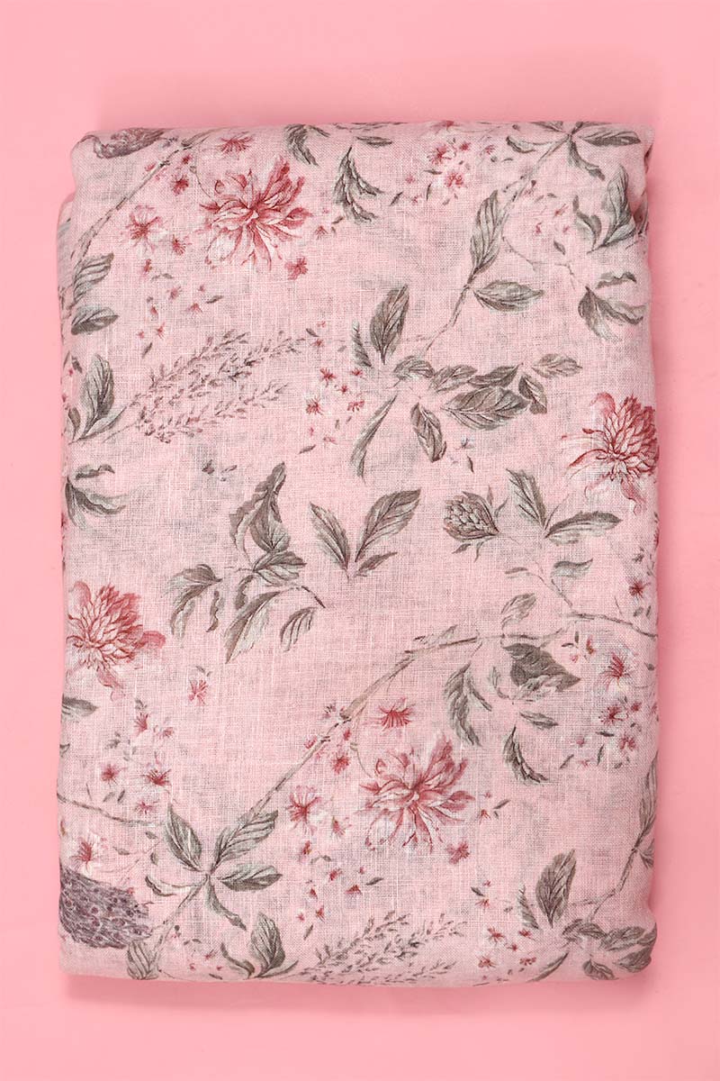 Baby Pink Floral Printed Linen Fabric