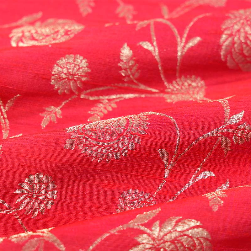 Crimson Pink Floral Handloom Raw Silk Fabric for Party/Wedding Wear