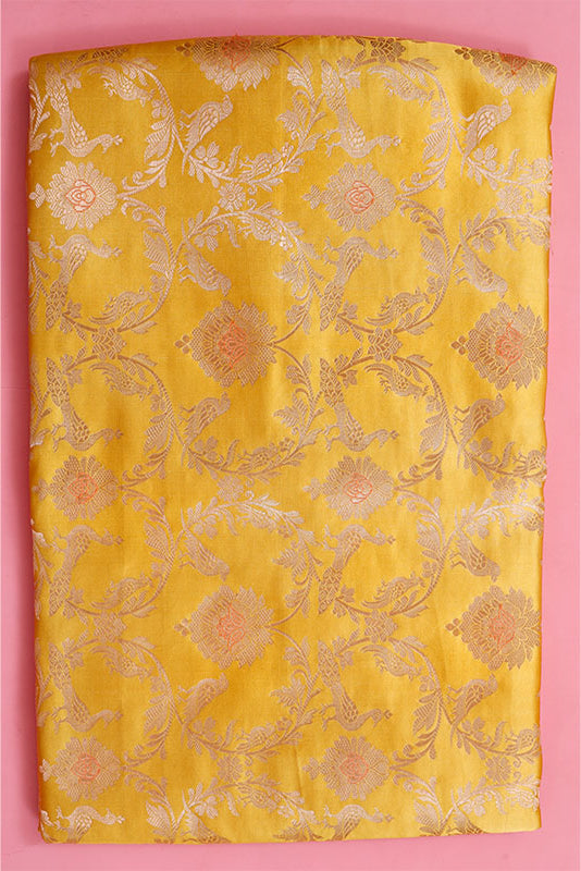Yellow Floral Jaal Handloom Banarasi Satin Silk Fabric