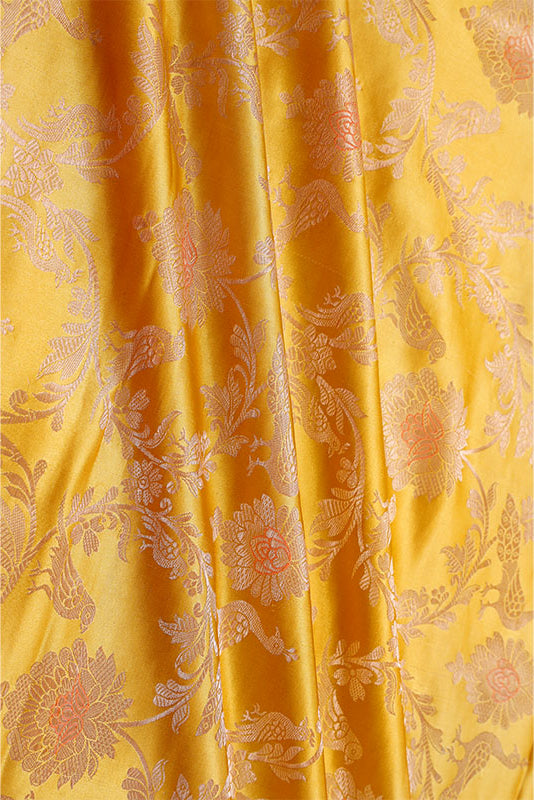 Yellow Floral Jaal Handloom Banarasi Satin Silk Fabric