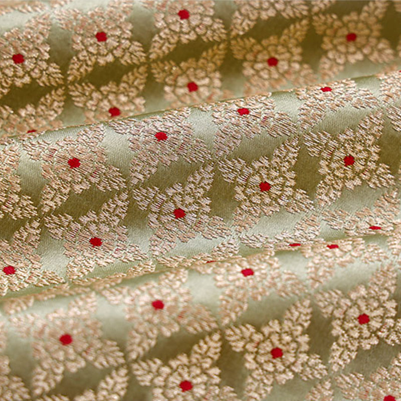 Light Sage Green Meenakari Handloom Banarasi Satin Silk Fabric for Pary