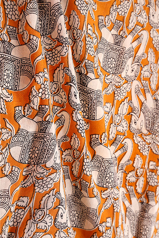 Mustard Yellow Kalamkari Printed Chanderi Silk Fabric