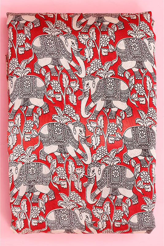 Red Kalamkari Printed  Chanderi Silk Fabric