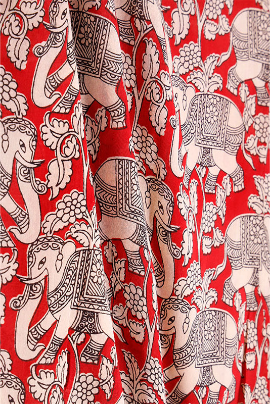 Red Kalamkari Printed  Chanderi Silk Fabric