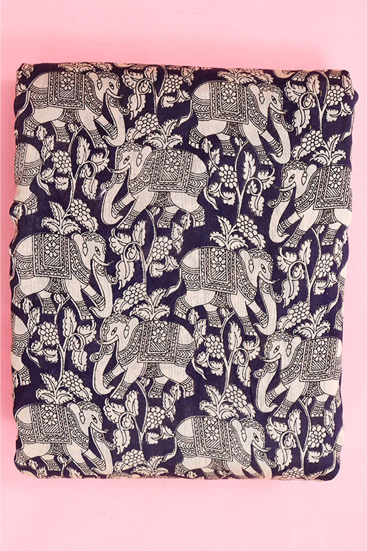 Navy Blue Kalamkari Printed Chanderi Silk Fabric