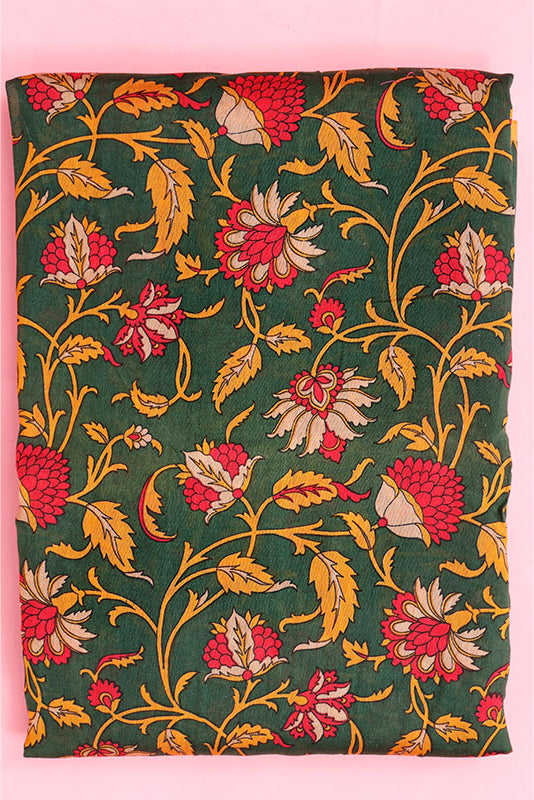 Green Floral Printed Chanderi Silk Fabric