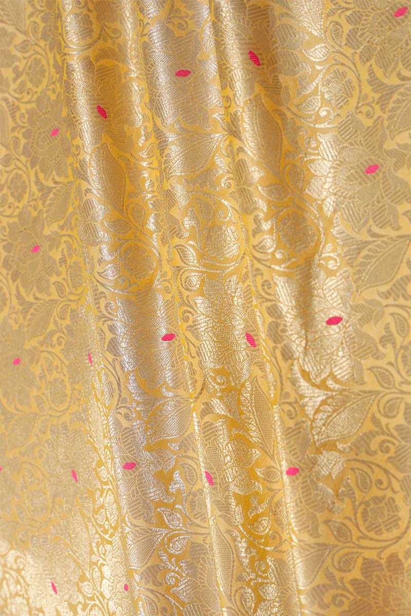 Corn Yellow Floral Banarasi Katan Silk Fabric