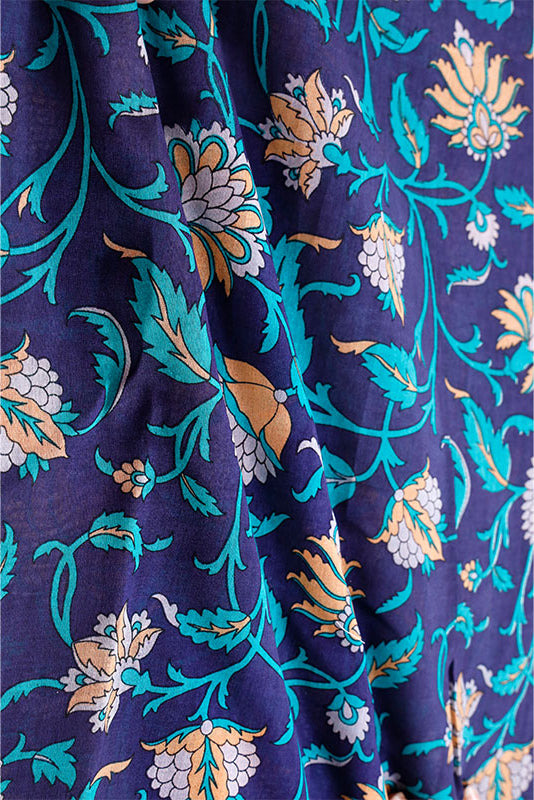 Navy Blue Floral Printed Chanderi Silk Fabric