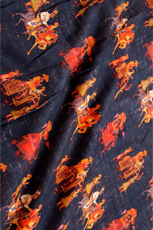 Black Ethnic Printed Chanderi Silk Fabric