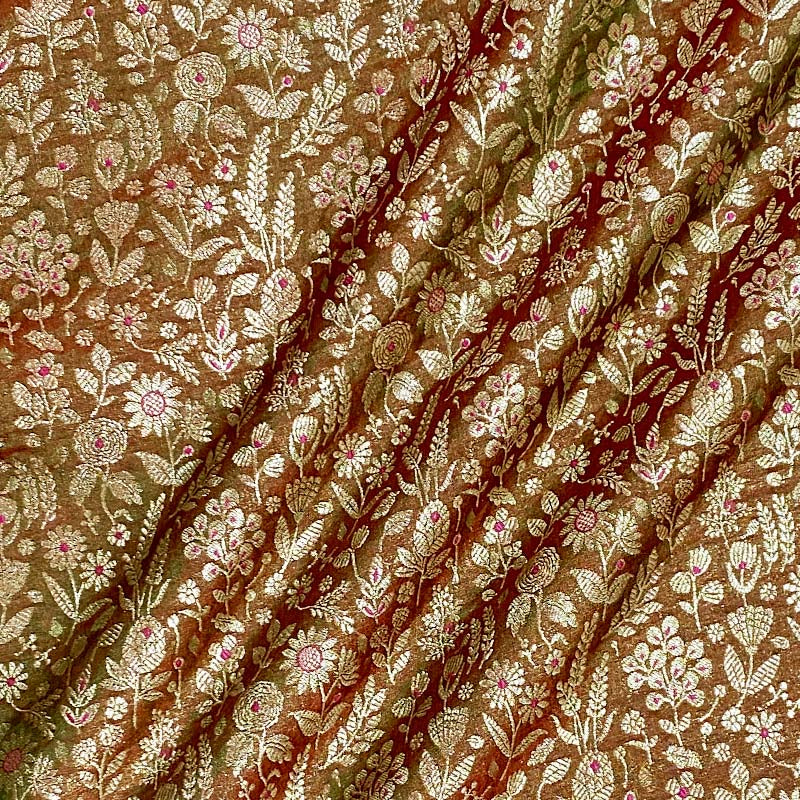 Shimmery Brown Banarasi Silk Fabric with Meenakari Floral Jaal Design