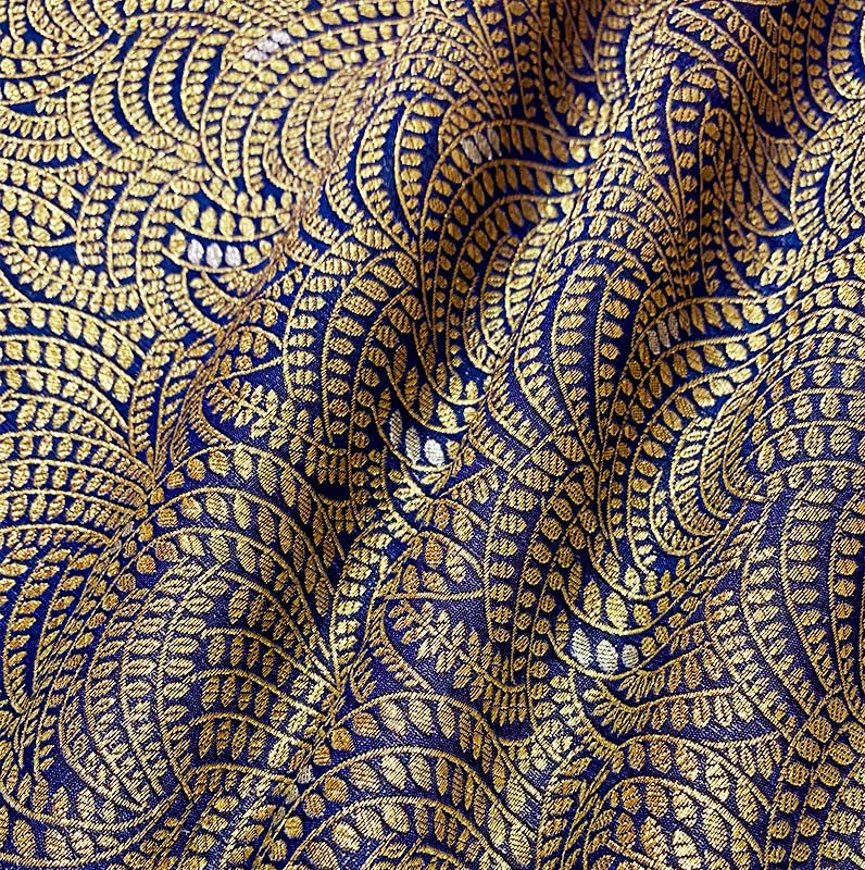 Royal Blue Brocade Banarasi Silk Fabric woven with Gold and Silver Zari