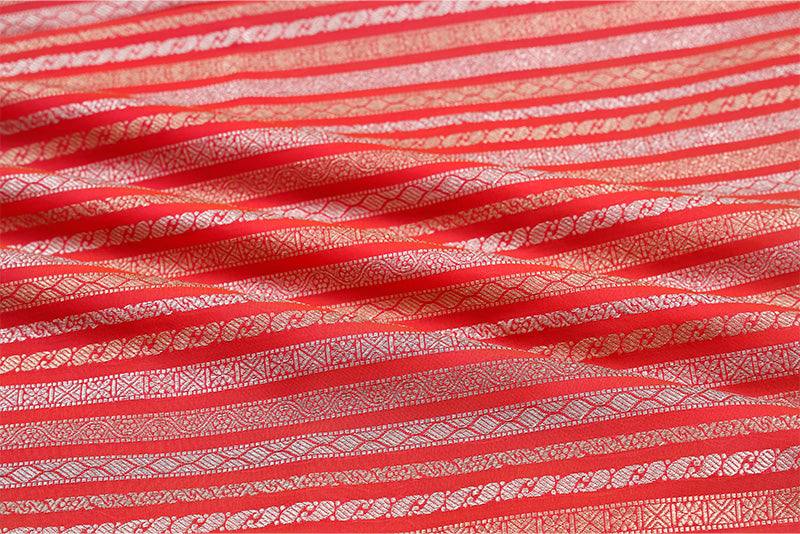 Peach Banarasi Silk Fabric with Golden Zari Stripes