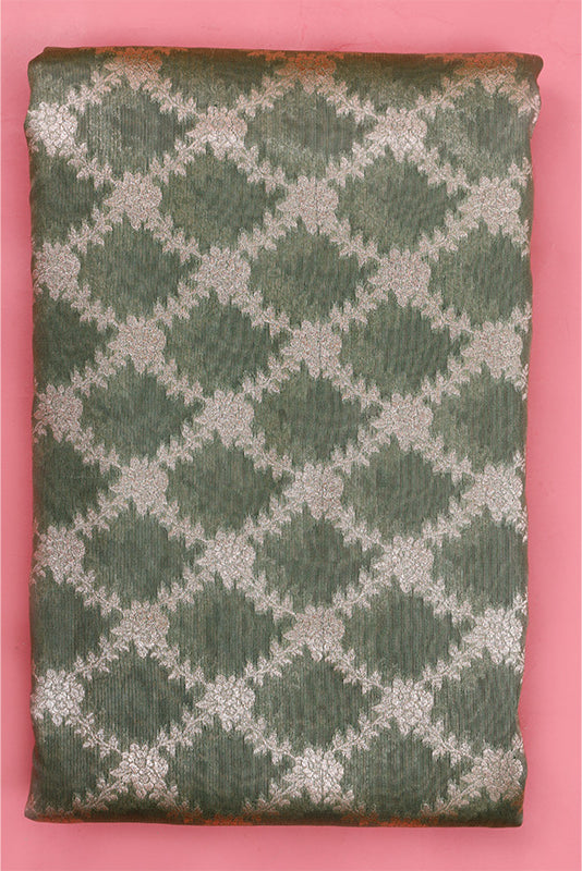 Green Tissue Silk Fabric with Criss-Cross Jaal Pattern